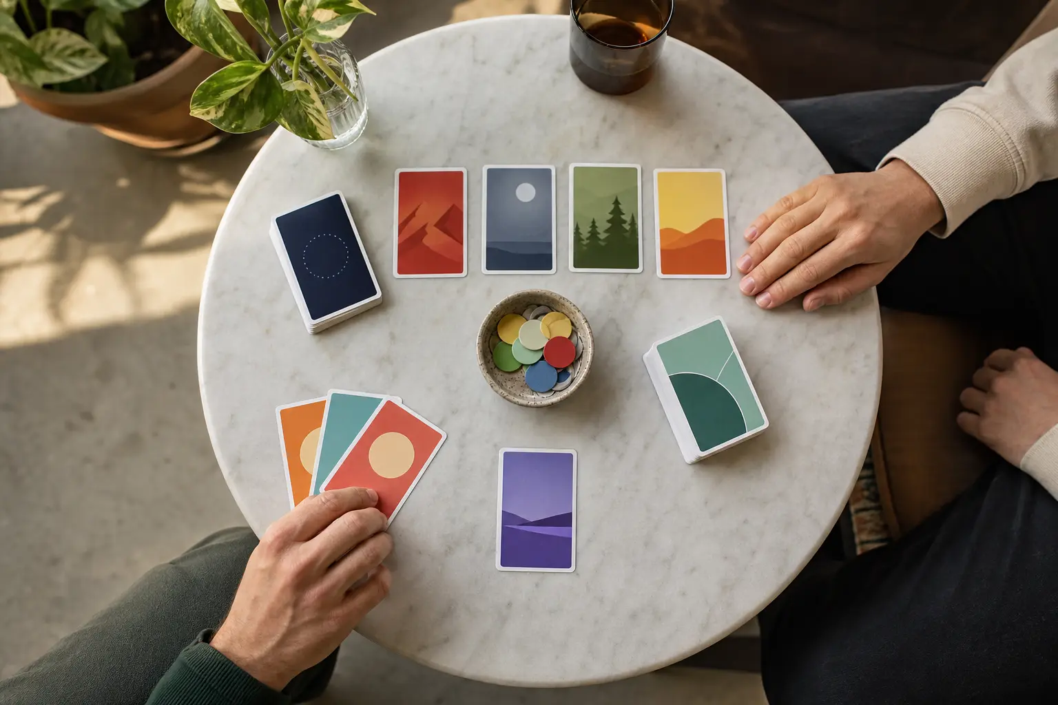 Compact card game setup on a small table, showing that many beginner games need only cards, a few tokens, and coffee-table space.