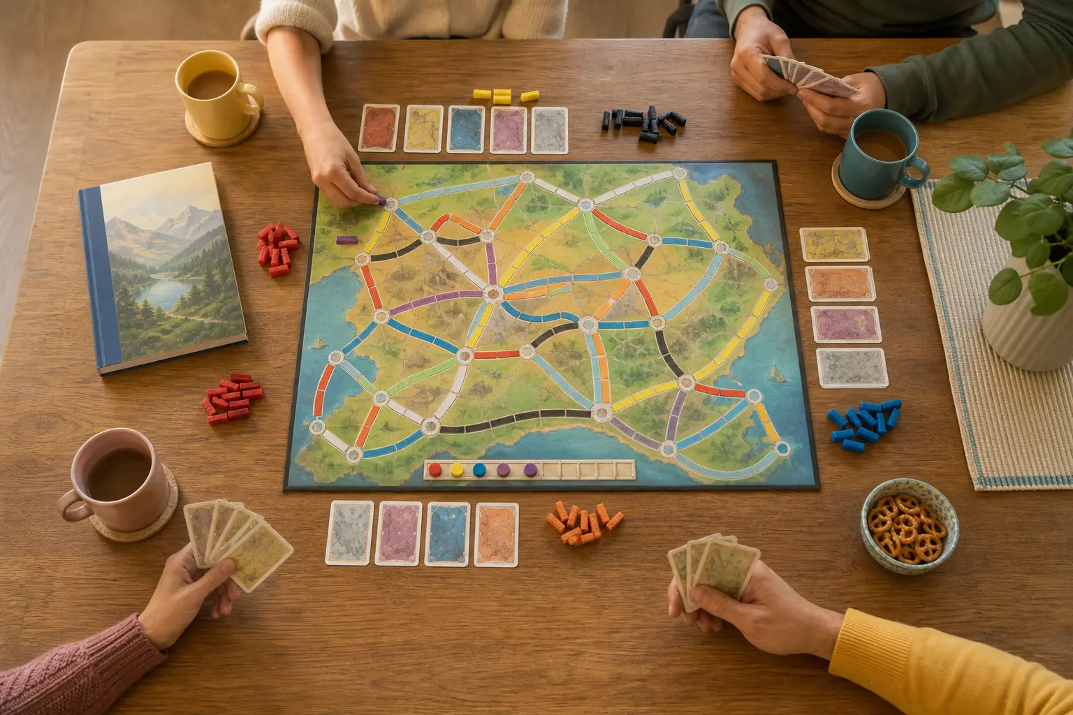 Family gateway board game setup with a colorful map-style board, player pieces, and enough room for four people.